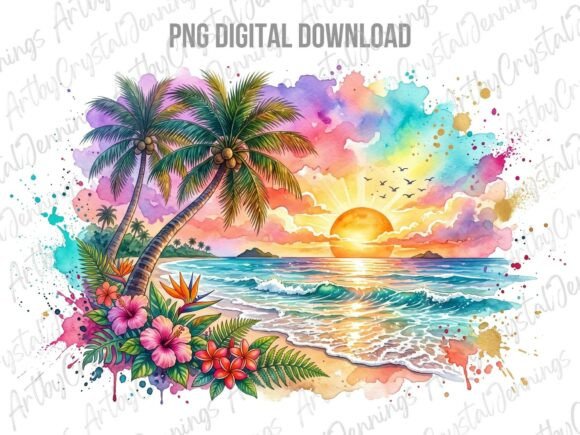 Download Tropical Sunset Beach Watercolor PNG - Tropical Collection